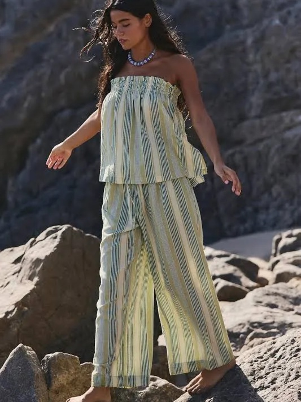 NWT Free People Corfu Striped Cotton Linen Set Green Combo/XS